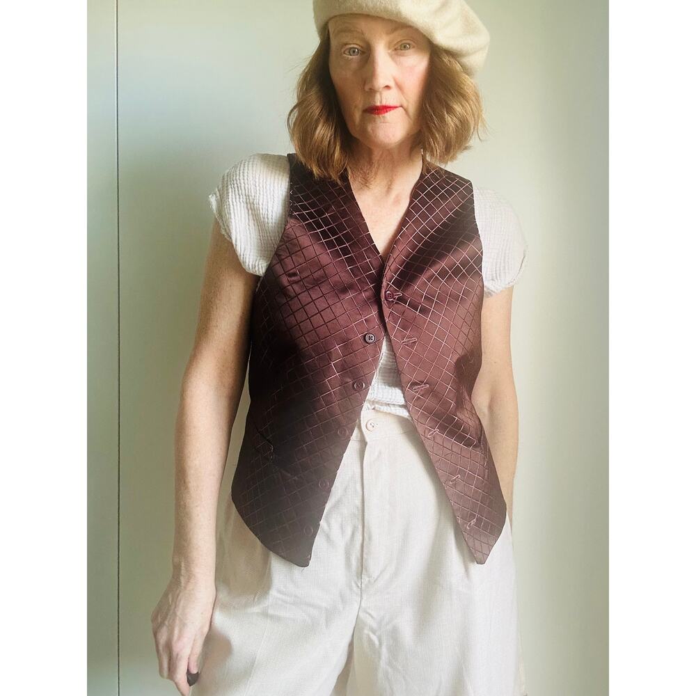 Vintage Waist Coat Vest Modern Size Womens M/L Sateen Window pane Print Menswear
